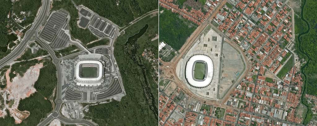 De gauche à droite, les villes de Recife (Arena Pernambuco) et Fortaleza (Estádio Castelão) accueilleront également des matchs de la Coupe du monde. @ Cnes 2014/Distribution Astrium Services/Spot Image S.A.