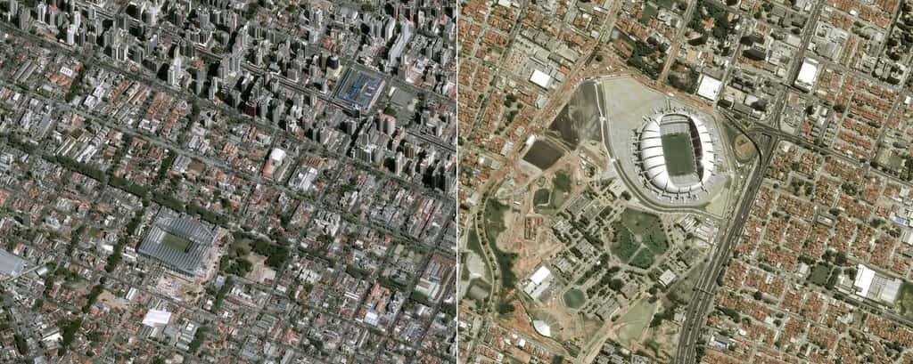 Les stades de Curitiba (Arena da Baixada) et de la ville de Natal (Arena das Dunas). @ Cnes 2014/Distribution Astrium Services/Spot Image S.A.
