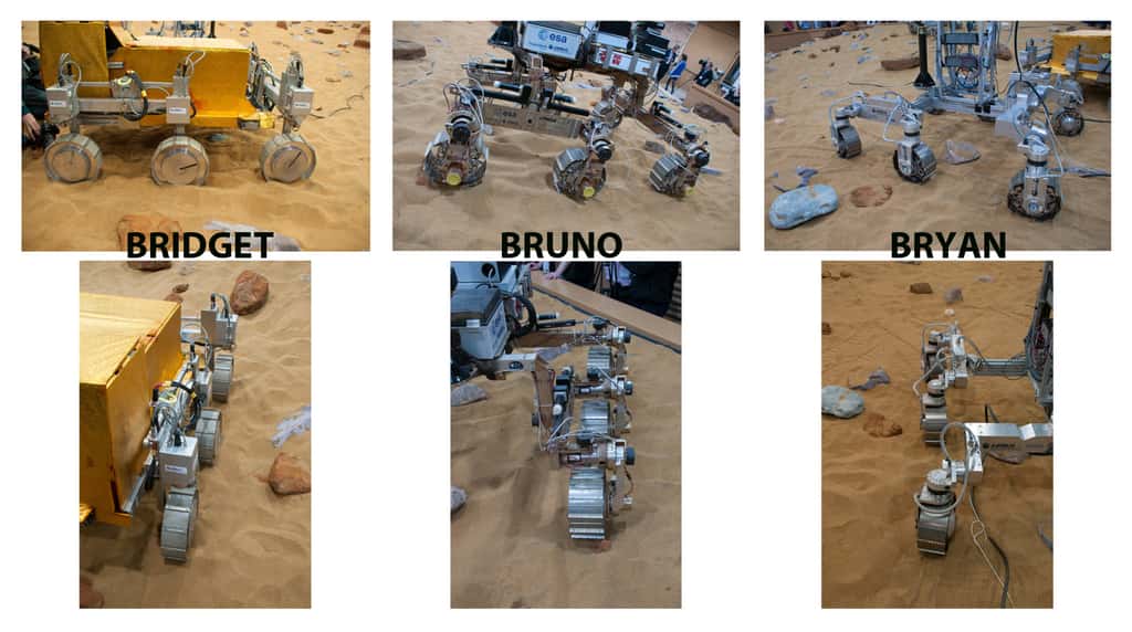 Gros plan sur les systèmes de locomotion des trois concepts de rover martien d'Airbus Espace. © Rémy Decourt
