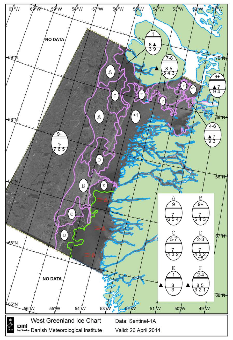 Cartographie de la glace dans l’ouest du Groenland, réalisée à partir d’observations de Sentinel 1A. Actualisées plusieurs fois par jour, si nécessaire, ce type de carte renseigne sur l’état des surfaces glacées, la formation et le déplacement des icebergs d’un jour à l’autre. © Esa