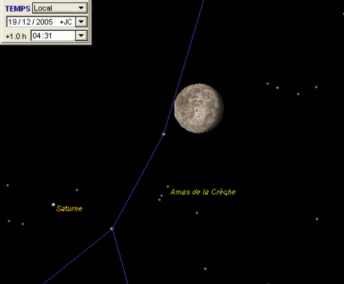 La Lune passe à proximité de l'amas de la Crèche (M44) et est en conjonction avec la planète Saturne