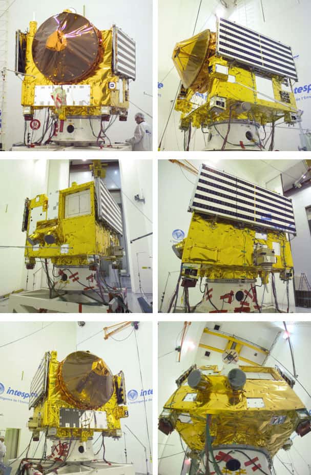 Venus Express dans les locaux de Intespace (Toulouse, France).<br /> D'une masse de 1.240 kg dont 93 kg de charge utile et environ 570 kg d'ergols, Venus Express mesure 1,5 X 1,8 X 1,4 m. Elle a une envergure d'environ 8 m une fois ses panneaux solaires déployés. Elle a été construite par EADS Astrium (aujourd'hui Airbus Espace) autour de la même plateforme que celle de Mars Express. © Esa, S. Corvaja