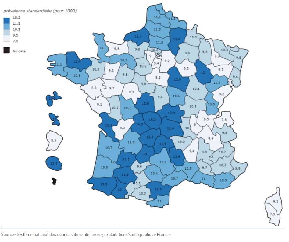 Prévalence standardisée (pour 1 000 habitants) de l'épilepsie par département en France au 1<sup>er</sup> janvier 2020. © Santé publique France