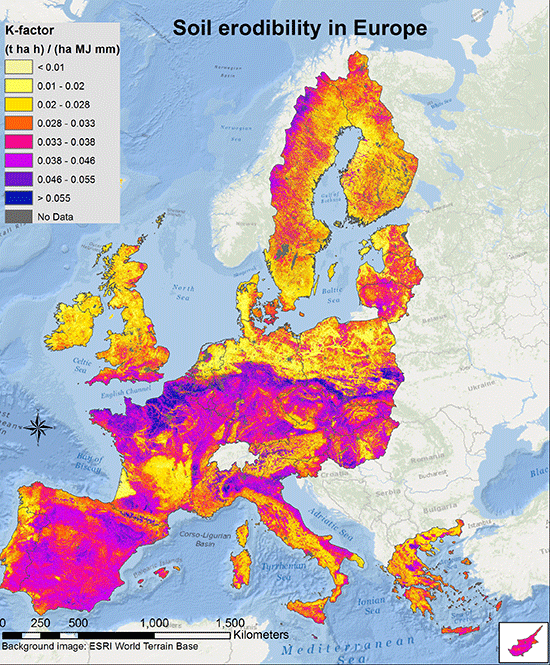 L'indice d'érodibilité des sols en Europe, jaune représentant le niveau le plus bas, violet et bleu les niveaux les plus élevés. © <em>Joint Research Centre of the European Commission</em>