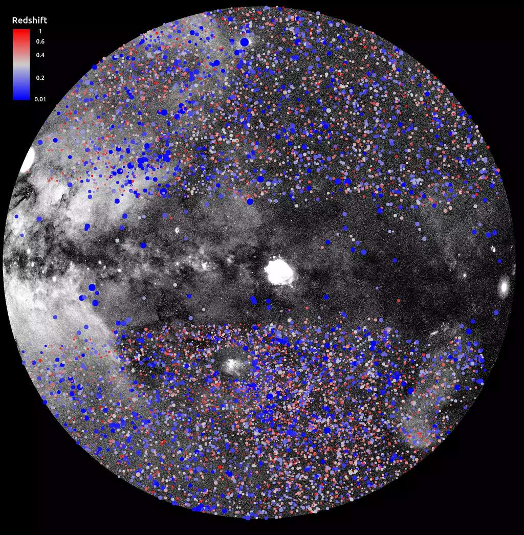 Cette image montre le catalogue eRosita d'amas de galaxies (issu de la première publication de données) tracé sur la carte eRosita du demi-ciel (dans la bande d'énergie 0,3-2,3 keV, projection azimutale à zone égale). Les couleurs indiquent le <em>redshift</em> (distance) des amas, allant de 0 à 1,3 (jusqu'à environ 9 milliards d'années de recul), et la taille des cercles indique la luminosité apparente des rayons X de la source. © MPE, J. Sanders pour le consortium eRosita