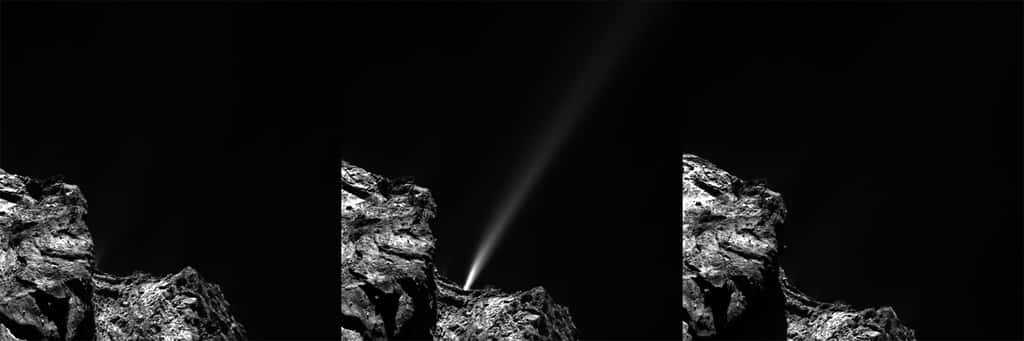 Un jet de matière (10 mètres par seconde) surpris par la sonde Rosetta le 29 juillet 2015. © ESA/Rosetta/MPS for OSIRIS Team