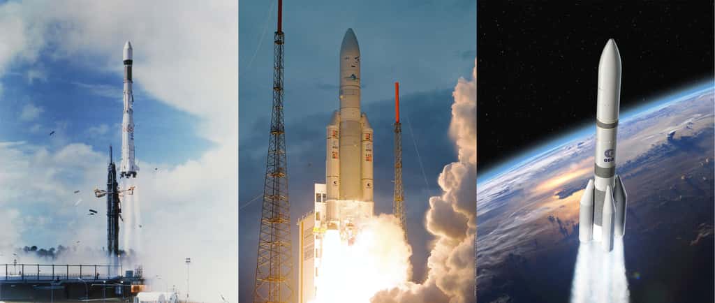 D'Ariane 1 à Ariane 5, ces familles de lanceurs ont assuré à l'Europe trois décennies d'accès indépendant à l’espace. En 2020, Ariane 6 prendra progressivement le relais d'Ariane 5 avec les mêmes objectifs d'indépendance et la ferme attention d'un accès à l'espace moins cher. © Esa, Cnes / Arianespace, Service optique CSG, D. Ducros (Ariane 6)