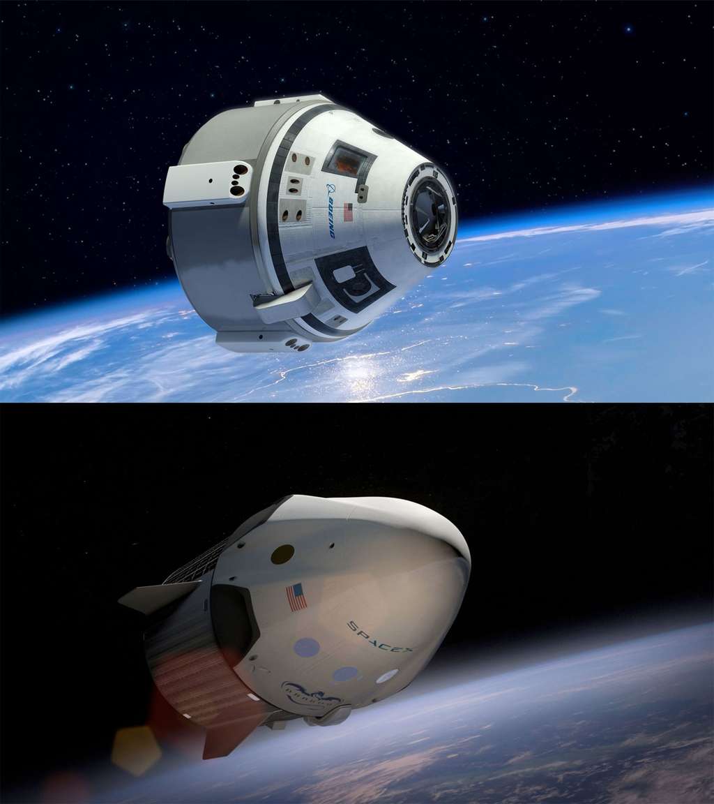 Les deux premiers vaisseaux spatiaux privés capables de transporter des astronautes vers la Station spatiale internationale (ISS). En haut, le CST-100 de Boeing et, en dessous, la version habitée de la capsule Dragon de SpaceX. © Boeing et Space X