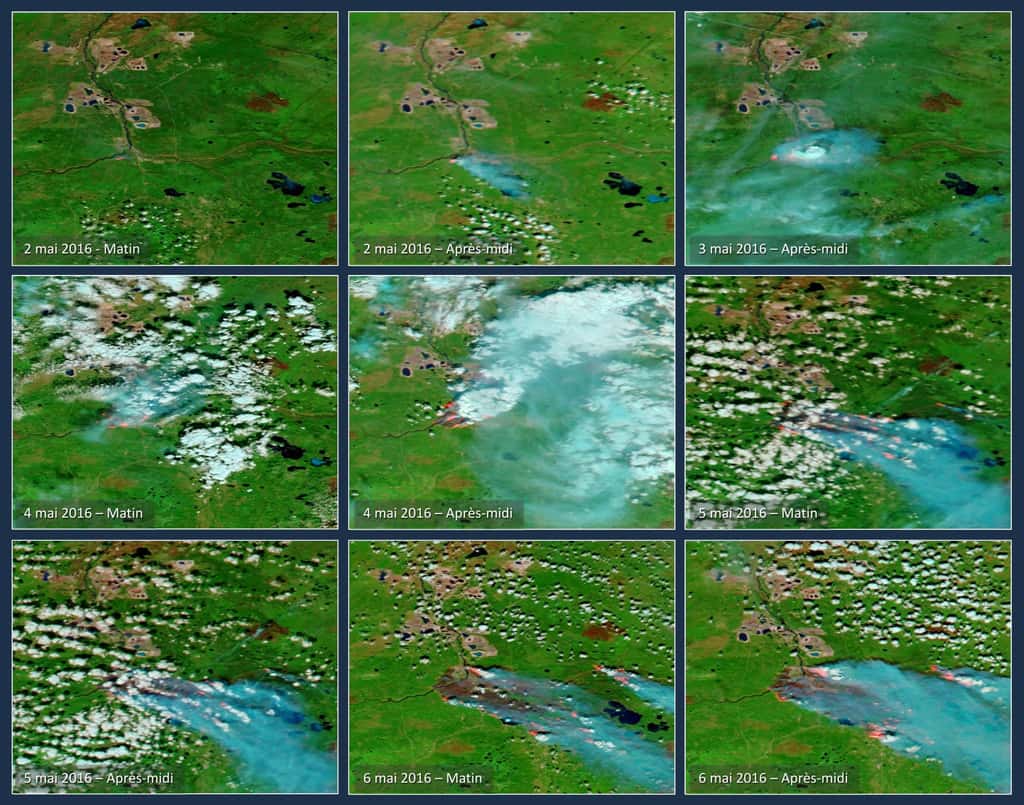 L'évolution des incendies autour de la ville de Fort McMurray, du 2 au 6 mai, vue par les satellites Aqua et Terra, de la Nasa. © Nasa/EOSDIS/Worldview et Illustration Gedeon