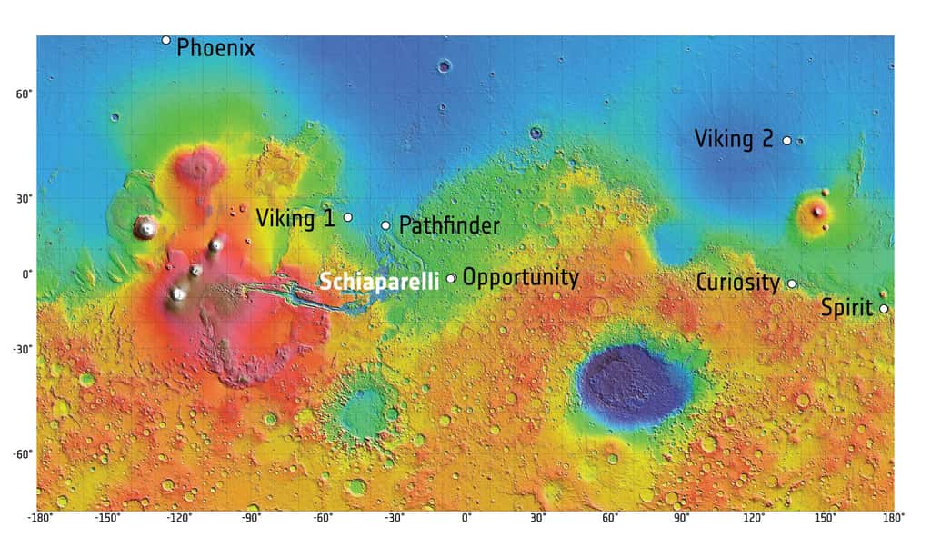 Les sites d'atterrissage des différentes missions martiennes. © Nasa/MOLA Science Team