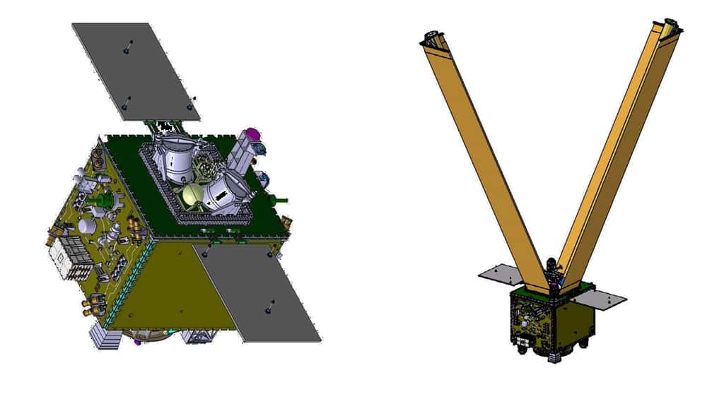 Deux vues CAO du satellite Microscope avec le système désorbitation IDEAS plié (à gauche) et déployé (à droite). © Cnes