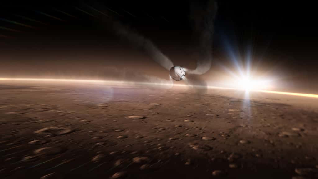 Pour atterrir sur Mars, la capsule Red Dragon utilisera une technique semblable à celle mise en œuvre pour récupérer les étages principaux des lanceurs Falcon 9 de SpaceX. © SpaceX