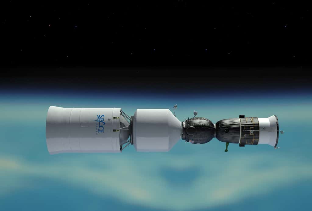 La version lunaire de la capsule Soyouz devrait être mise au point par la firme russe RKK Energia. Elle se compose d'un module additionnel comprenant une partie pressurisée et un compartiment qui abrite le système de propulsion. Ce module sera lancé lors d'un vol distinct par un Proton afin de s'amarrer en orbite à une capsule Soyouz, à proximité de la Station spatiale. © Roscosmos, Space Adventures