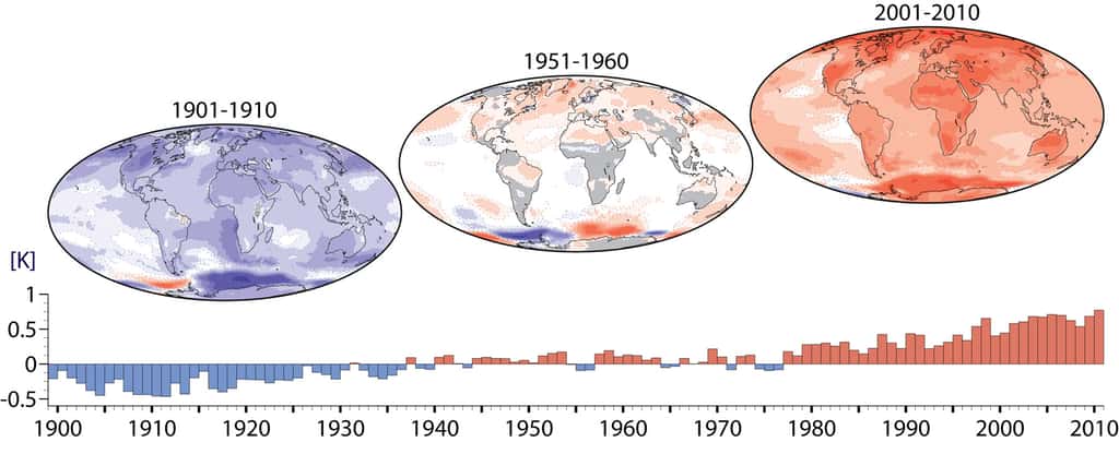 Ces trois cartes montrent l'évolution des anomalies de température observées tout au long du siècle dernier et jusqu'en 2010 en prenant pour référence la période 1951 à 1960. Elles montrent clairement une évolution à la hausse des températures moyennes et une accélération dès le début des années 60. © C3S/Copernicus data