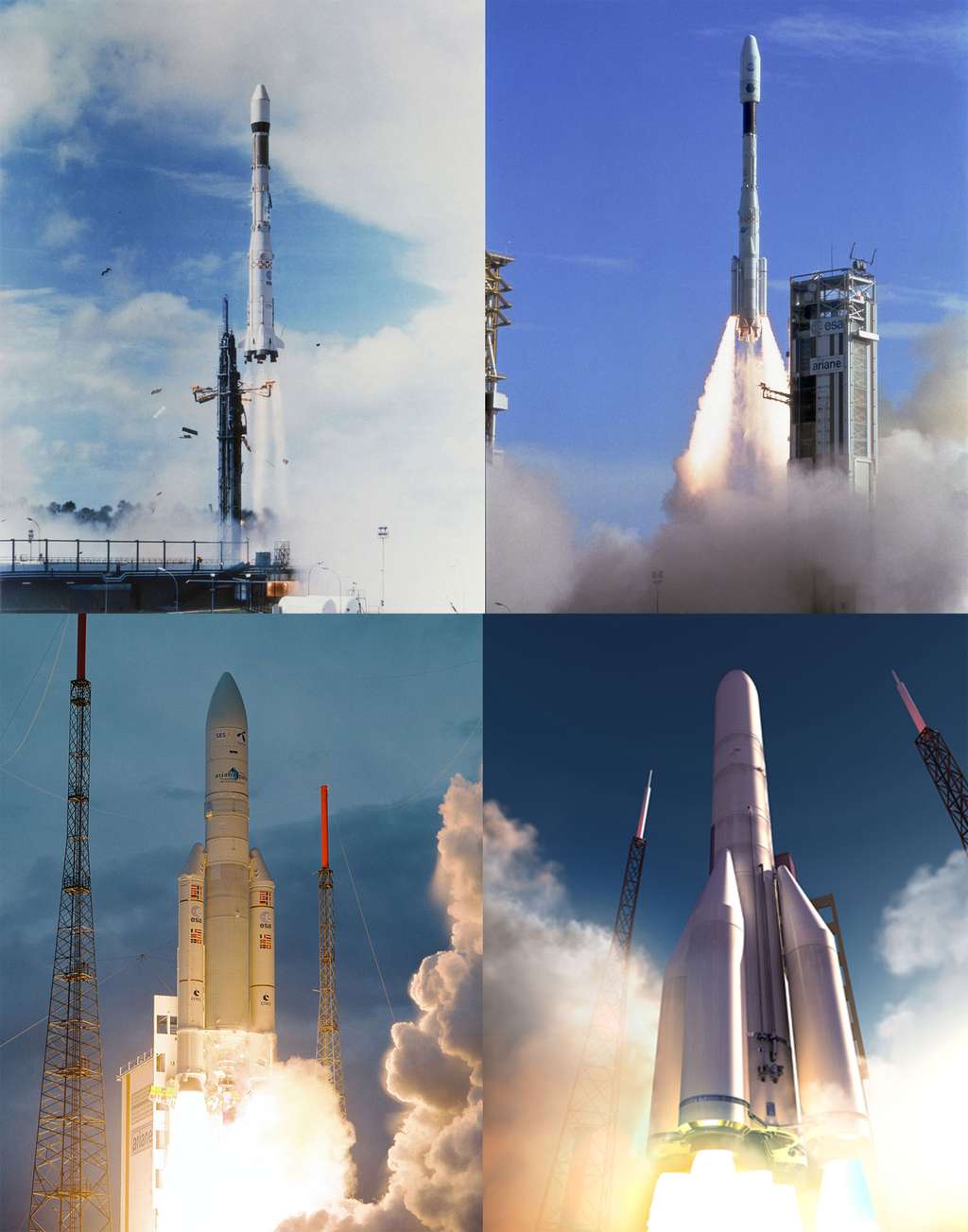 Du premier vol d'une Ariane en 1979 et d'Ariane 4 à Ariane 5, ces familles de lanceurs ont assuré à l'Europe trois décennies d'accès indépendant à l’espace. En 2020, Ariane 6 prendra progressivement le relais d'Ariane 5 pour un accès à l'espace moins cher. © Esa/Cnes/Arianespace - Service Optique