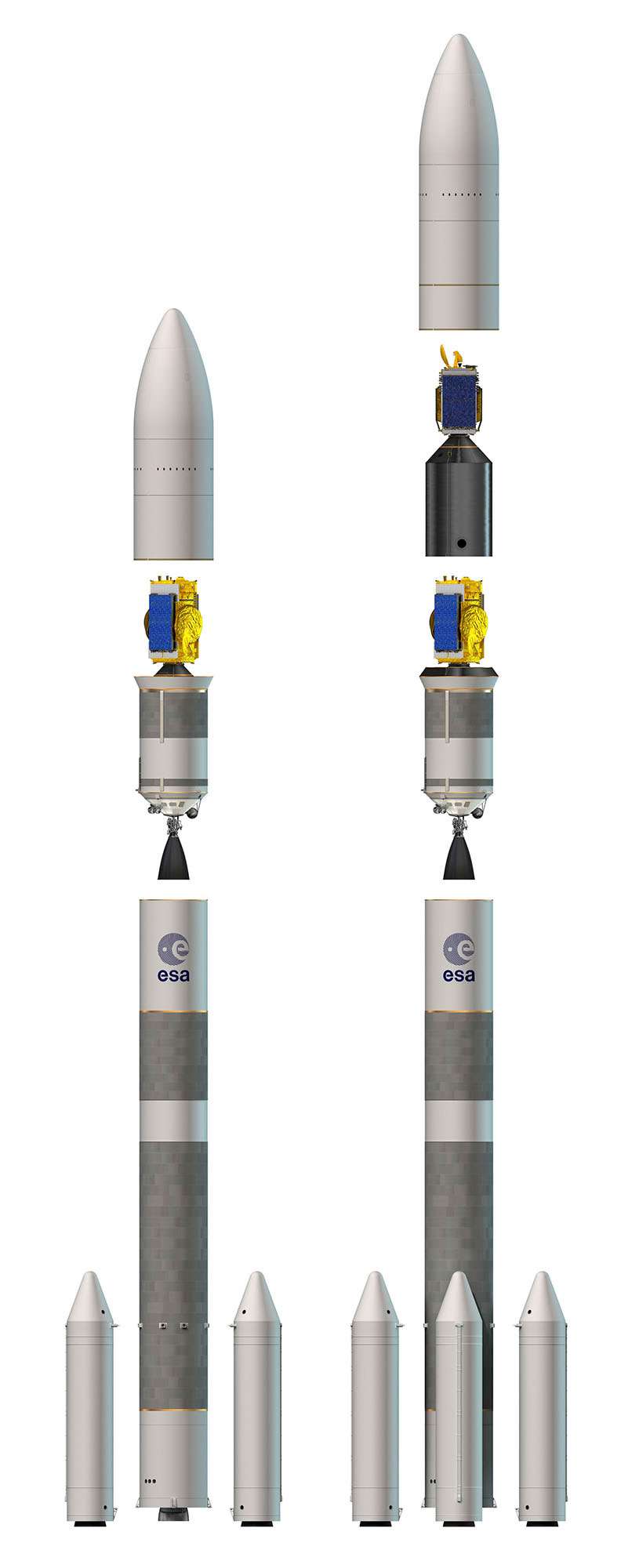 Les deux lanceurs de la famille Ariane 6. La version à deux boosters (ou propulseurs d'appoint) et la version à quatre boosters. © Esa