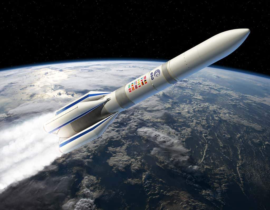 La version à quatre boosters d'Ariane 6. Capable d'emporter deux satellites, elle se destine aux marchés commerciaux ouverts à la concurrence. © Airbus Safran Launchers 2016, Esa, D. Ducros