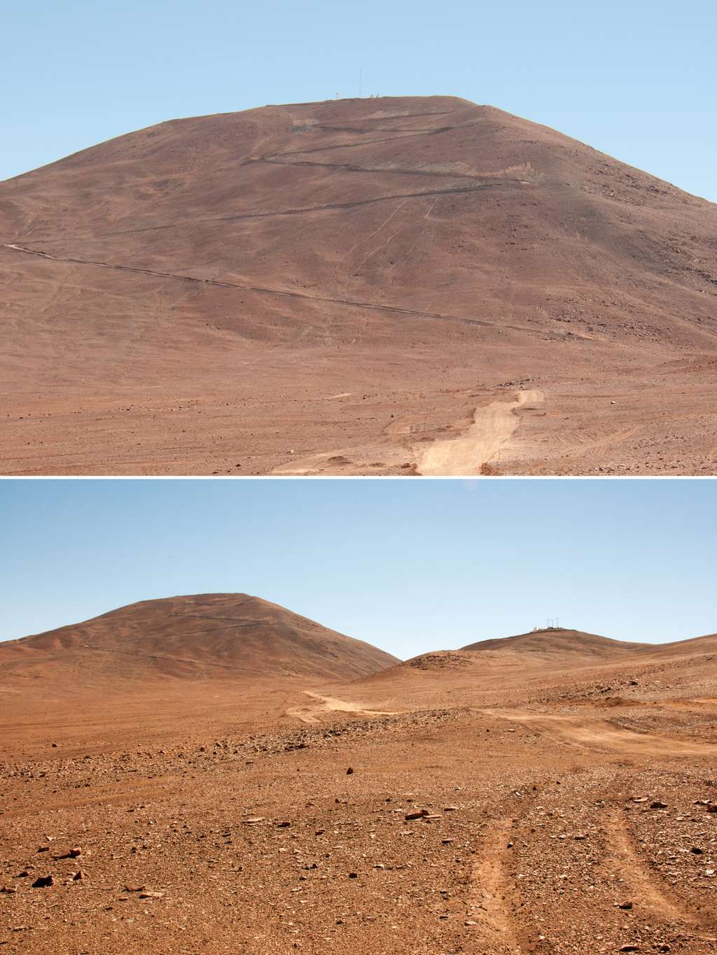 Au pied du Cerro Armazones, au sommet duquel sera construit le futur télescope géant de 39 m de diamètre de l’Eso. Ces deux photos ont été prises en décembre 2013. Depuis, les travaux d’arasement du sommet ont débuté en juin 2014. © Rémy Decourt