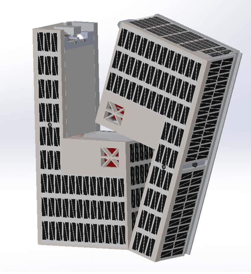 Les deux CubeSat en forme de L du projet <em>Water-Propelled Cubesat to Orbit Moon.</em> © <em>Cislunar Explorers</em>
