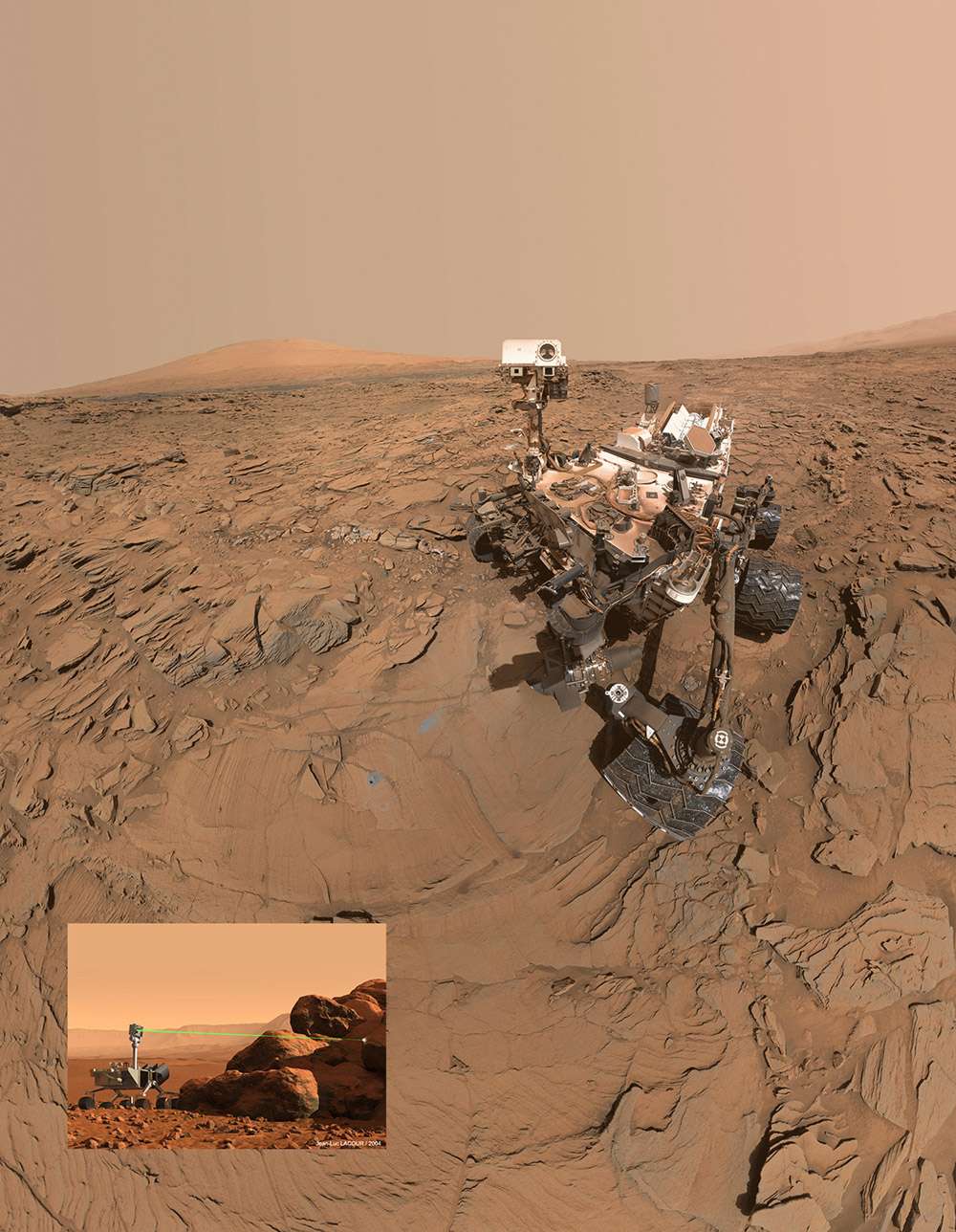  Sur Mars, le rover Curiosity utilise également un laser pour déterminer la composition élémentaire des roches. Ce laser, à bord de l’instrument Chemcam, a été fabriqué par le groupe français Thales, qui travaille actuellement sur un modèle amélioré pour le rover Mars 2020. Il s'agit du premier laser jamais envoyé sur une autre planète. © Nasa, JP et J.L. Labour pour la vue d'artiste