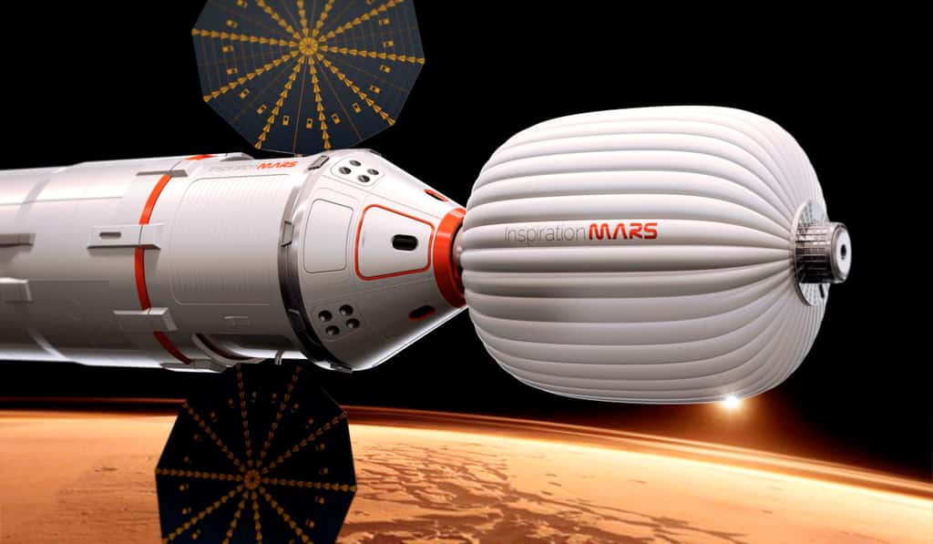 Pour envoyer des Hommes à destination de Mars, le véhicule de SpaceX pourrait ressembler à celui qu’envisageait d’utiliser Dennis Tito pour son projet martien. Il utilise plusieurs modules dont une version adaptée de la capsule Dragon. © <em>Inspiration Mars Foundation</em>