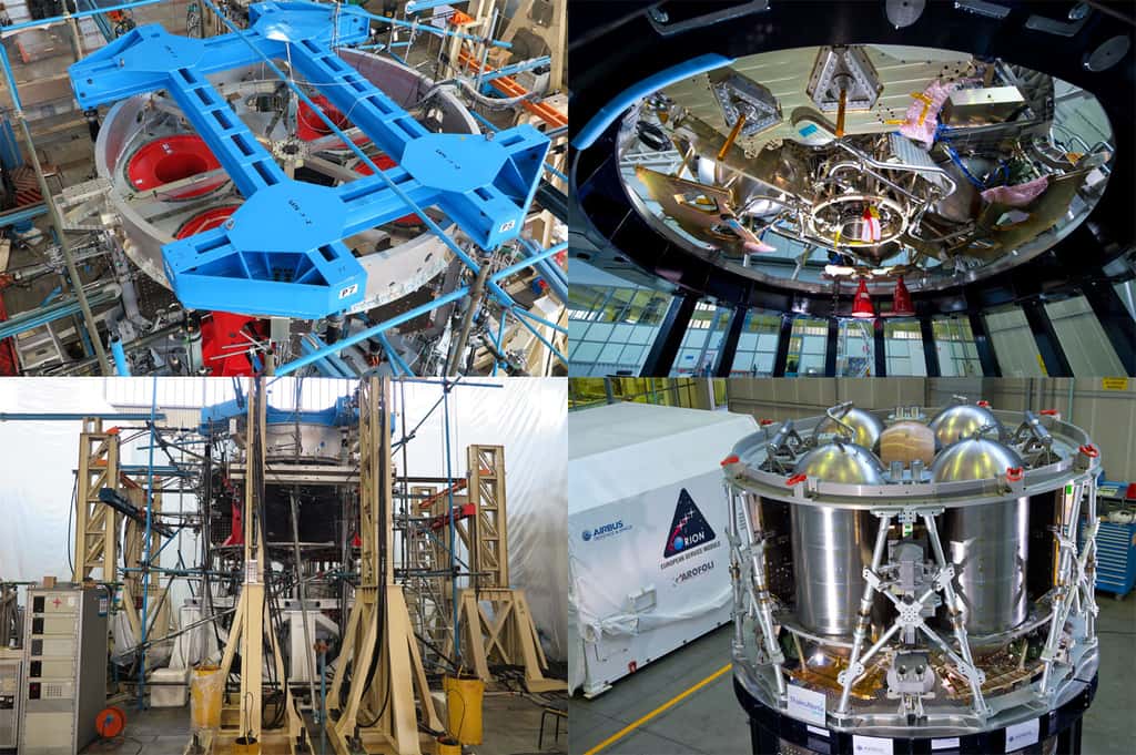 Le module de service d’Orion à différents moments de sa construction. Ce module se présente sous la forme d'un cylindre d'environ quatre mètres de haut et de large. © Airbus, Thales Alenia Space 