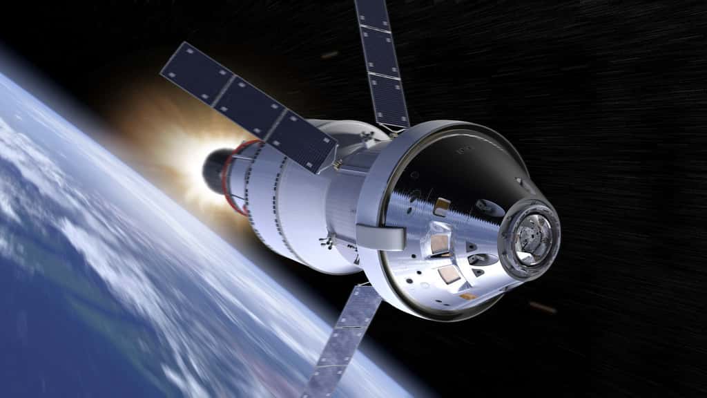 Le véhicule Orion avec, à l'arrière, l'étage supérieur EUS qui sera utilisé pour l'amener d'une altitude de 160 kilomètres à une orbite elliptique avec un apogée de quelque 35.000 km et un périgée de 15.000 km. © Nasa