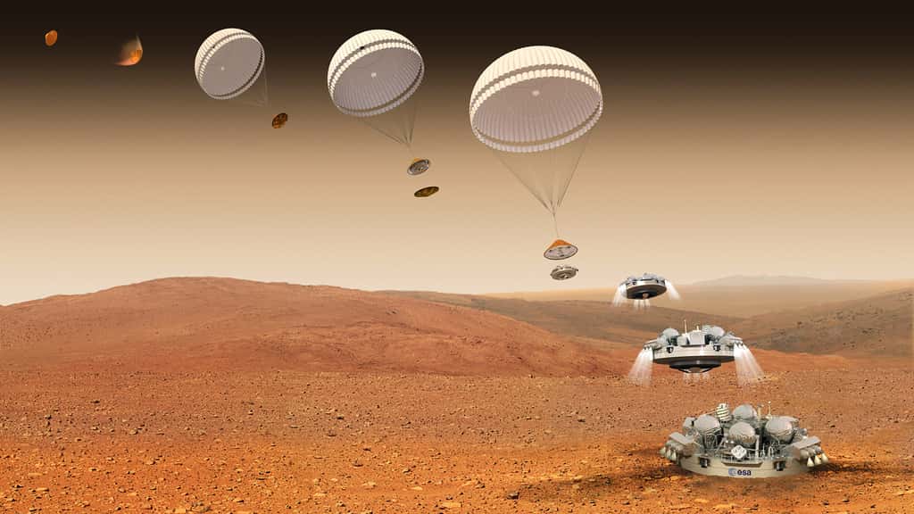 Partie de Terre à bord du TGO en mars 2016, la capsule Schiaparelli fonce maintenant vers Mars où elle devra se poser. On voit ici les six dernières minutes de ce voyage de sept mois. Elle doit permettre à l'Europe d'apprendre à atterrir sur la Planète rouge. © ESA