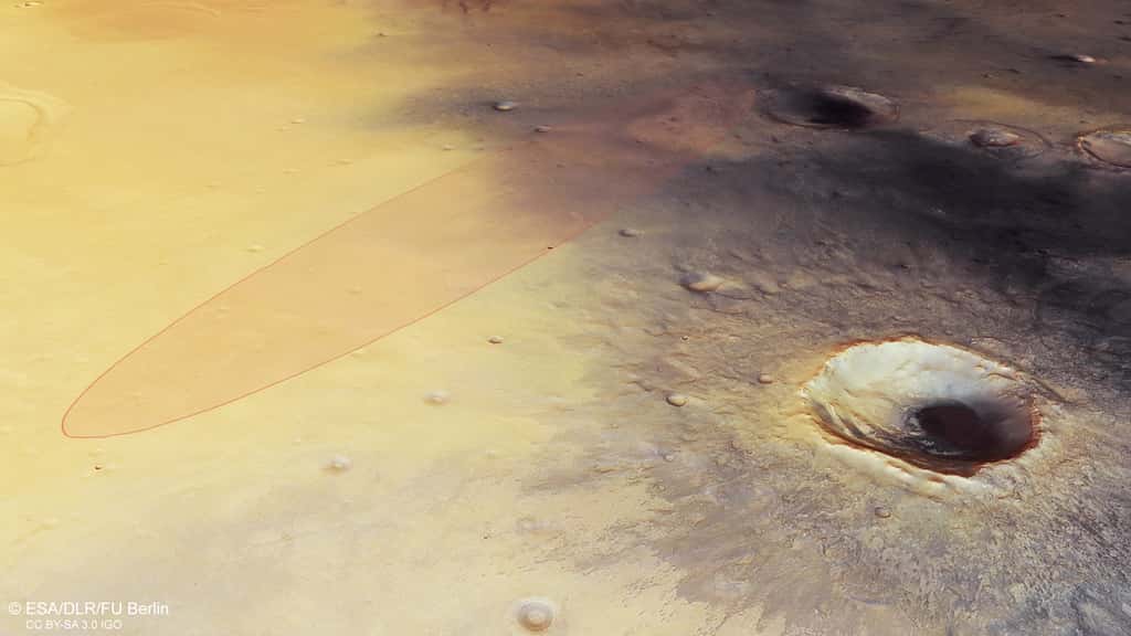 Dans la plaine Méridiani, l'ellipse d'atterrissage, à l'intérieur de laquelle doit atterrir Schiaparelli photographiée par la sonde Mars Express de l'Agence spatiale européenne. © ESA, DLR