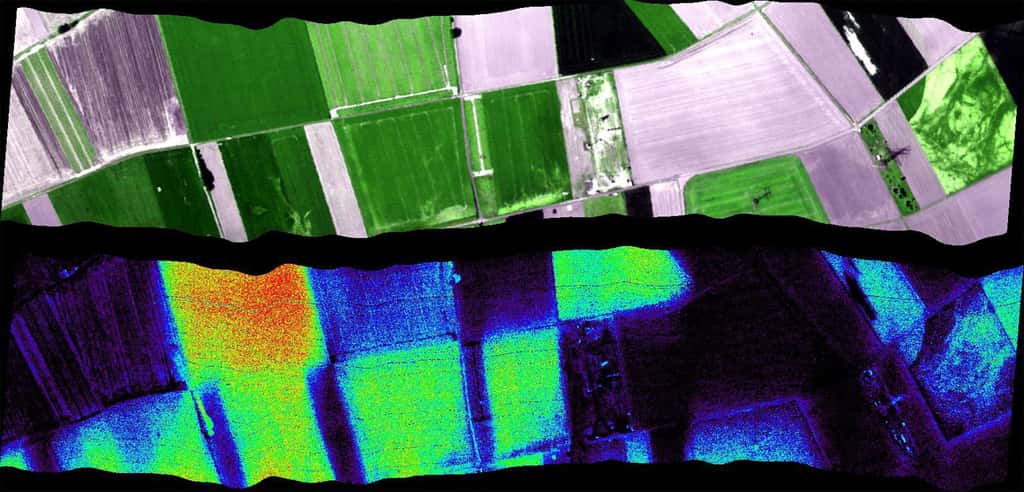 Fluorescence émise par différents types de végétation. Cette carte a été tracée depuis l'instrument HyPlant utilisé pour démontrer la faisabilité technique de Flex. Il possède deux spectromètres imageurs, qui sont des caméras sensibles à différentes longueurs d’onde. L’une a une couverture large, du bleu à l’infrarouge moyen ; l’autre va du rouge au proche infrarouge et sépare précisément les longueurs d’onde pour repérer la fluorescence. © U. Rascher, <em>Forschungszentrum Jülich</em>