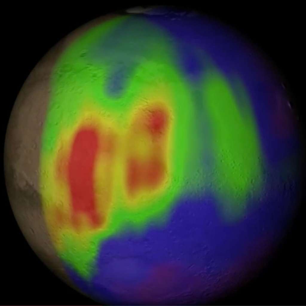Carte de la concentration de méthane dans l'atmosphère de Mars. Elle montre une grande disparité spatiale, qui reste incomprise. © Nasa