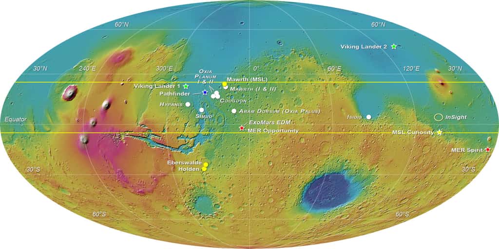 Les sites d'atterrissage des précédentes missions martiennes ainsi que celui de la mission Insight, qui sera lancée en 2020. © Esa-Roscosmos, LSSWG, E. Hauber