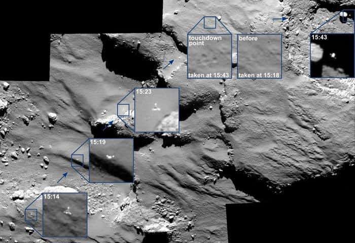 Les rebonds (non prévus) qu'a effectués Philae lors de son atterrissage sur la comète Tchouri. © Esa/Rosetta/<em>MPS for OSIRIS Team MPS</em>/UPD/LAM/IAA/SSO/INTA/UPM/DASP/IDA