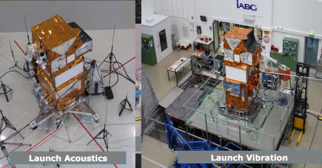 Le satellite Sentinel 2 a subi des essais acoustiques et de vibrations chez IABG pour s'assurer qu'il résistera aux contraintes du lancement. © Airbus DS, IABG