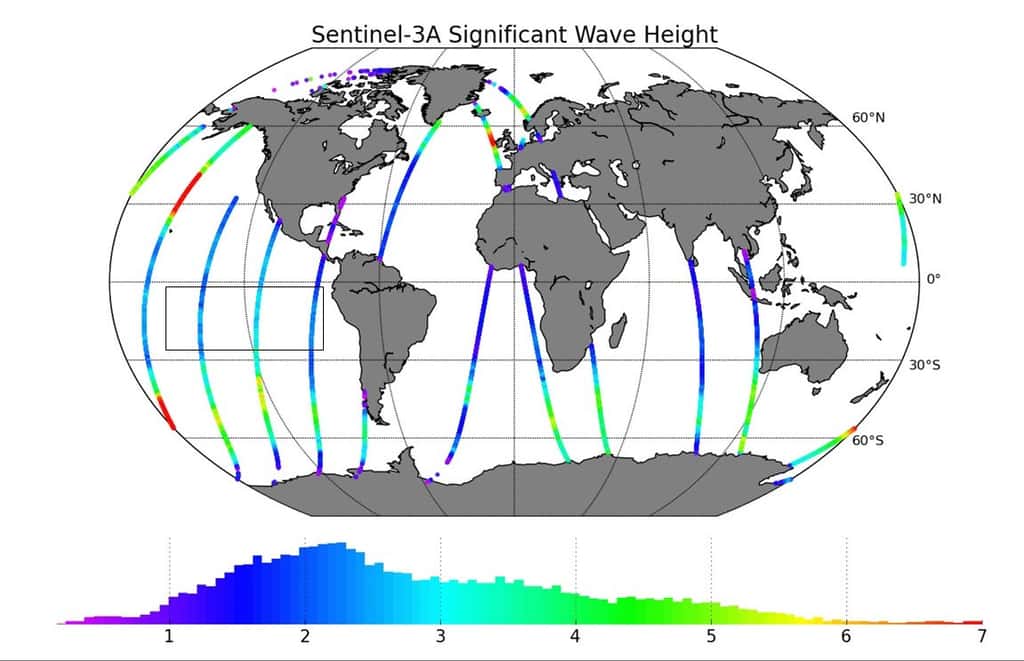 Premières données de l’altimètre radar SRAL. Cet instrument sera très utile à la surveillance de l’état de la mer. Plusieurs paramètres seront mesurés, comme la hauteur des vagues, l’épaisseur des glaces. Un ensemble de données utiles à de nombreuses activités et services liés à l’utilisation de l’océan. © Copernicus data (2016)