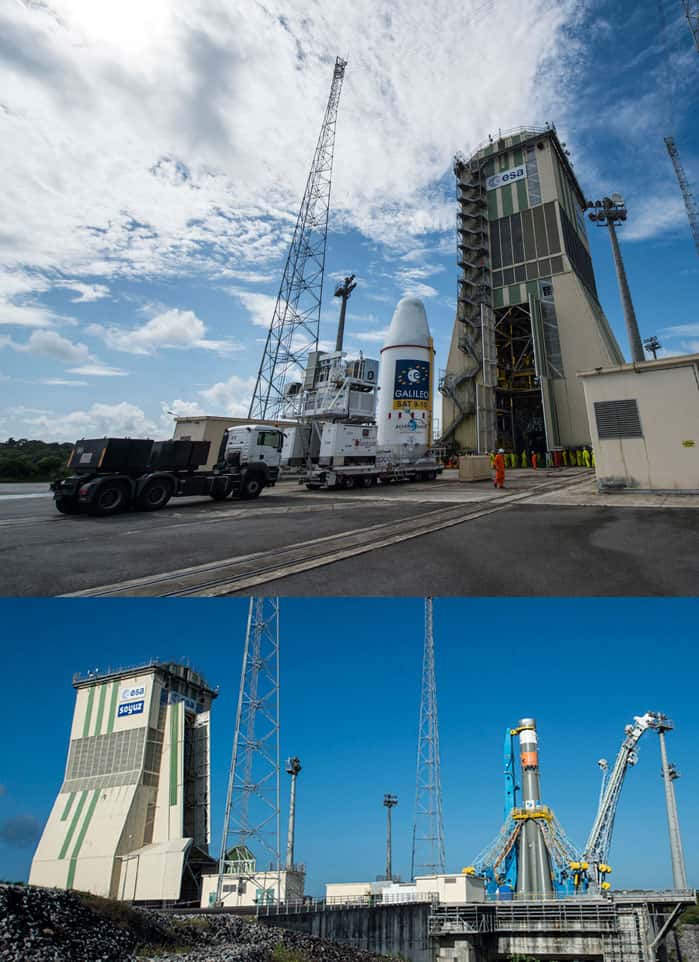 L'installation des satellites sur le lanceur. Soyouz est d'abord placé sur son pas de tir. L'assemblage de la coiffe, qui abrite les charges utiles, se fait à l'intérieur du portique climatisé avancé jusqu'au lanceur. © Esa, Cnes, Arianespace, service optique CSG
