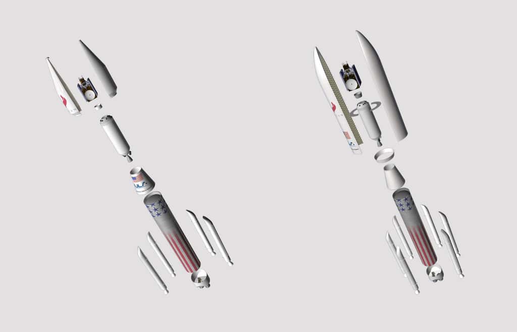 Les deux versions du futur lanceur Vulcan se différencieront par le nombre de boosters d'appoint (quatre pour l'une, six pour l'autre) et le diamètre de la coiffe (4 et 5 mètres). Seules les parties basses des deux lanceurs seront récupérées. © ULA