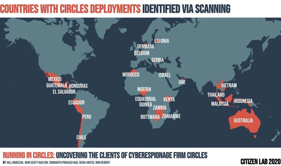 La carte des 25 pays utilisant des équipements Circles. © Citizen Lab