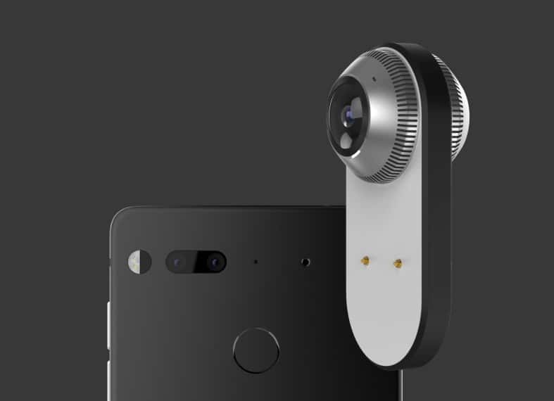 Le smartphone PH-1 conçu par Andy Rubin dispose d’un système de fixation magnétique pour recevoir des modules externes. Le premier produit disponible au lancement est une caméra 360 degrés. © Essential