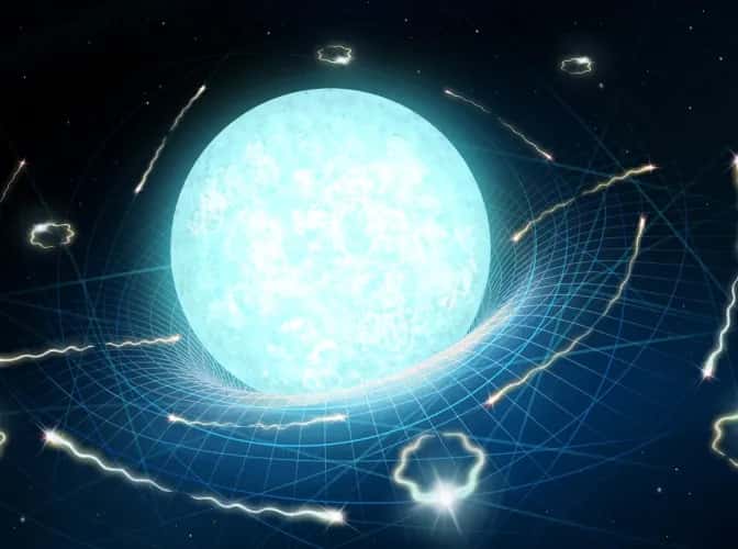Une vue d'artiste de l'évaporation quantique d'une étoile à neutrons. © Daniëlle Futselaar/artsource.nl