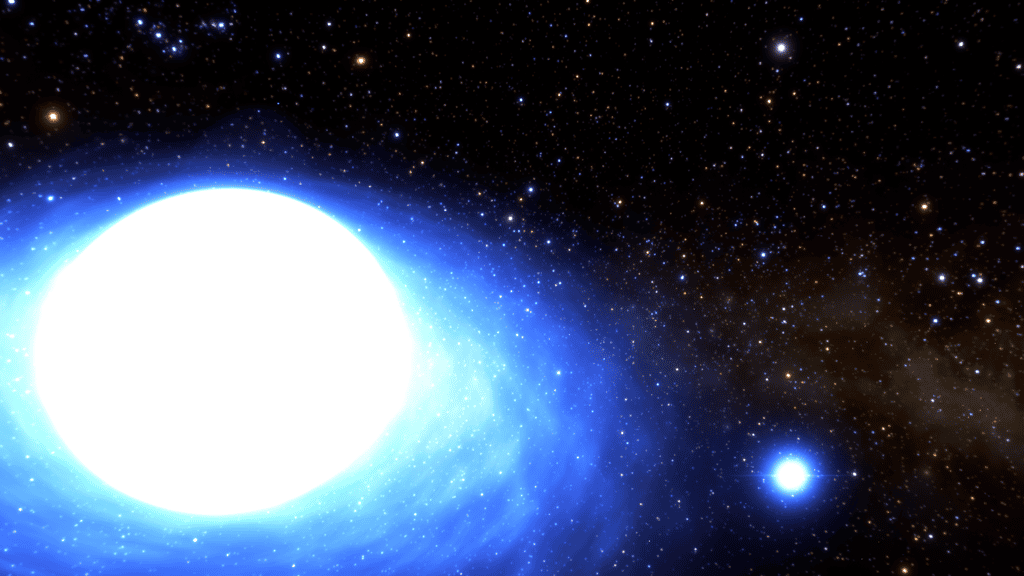 Une illustration du système stellaire binaire CPD-29 2176, avec une étoile à neutrons (la plus petite), et une étoile bleue de type Be. © NOIRLab, NSF, Aura, J. da Silva, Spaceengine