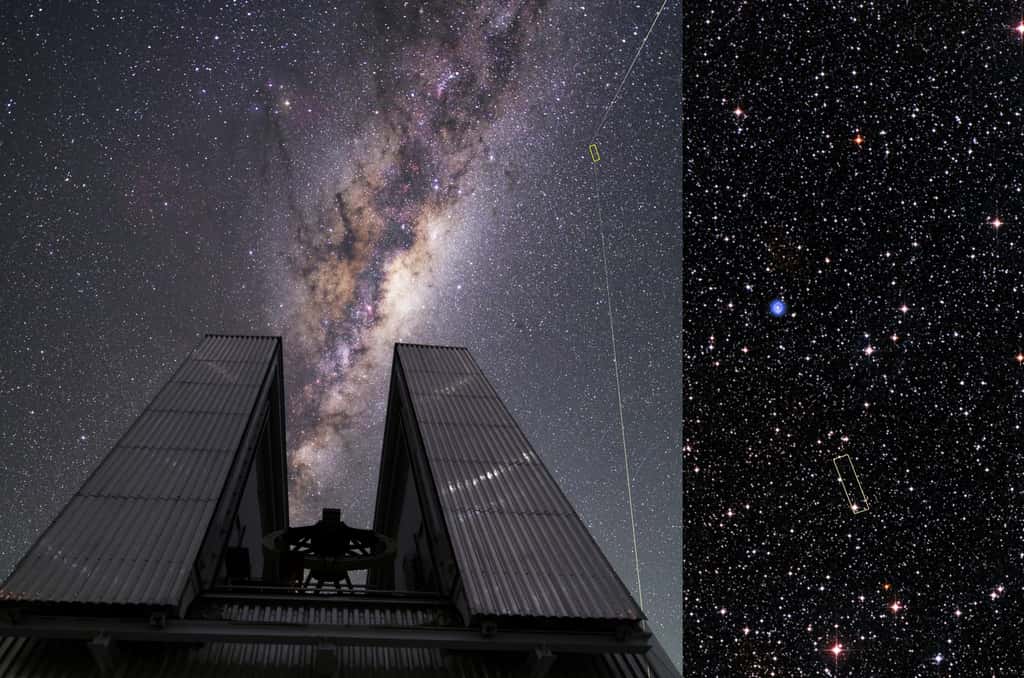 Une équipe d’astronomes brésiliens et américains conduit par Jorge Melendez de l’université de São Paulo ont utilisé deux télescopes d’ESO (Observatoire européen austral) pour découvrir que cette étoile, appelée 2MASS J18082002–5104378, est en fait une rare relique de l’époque de la formation de la Voie lactée. En tant que telle, elle fournit aux astronomes une précieuse opportunité pour étudier les premières étoiles qui sont nées dans notre galaxie. 2MASS J18082002–5104378 a été remarquée en 2014 par le télescope <em>New Technology Telescope</em> d’ESO. Des observations successives avec le <em>Very Large Telescope</em> ont montré que, au contraire des étoiles jeunes comme le Soleil, cette étoile montre une très grande pauvreté en métaux - les éléments chimiques plus lourds que l’hydrogène et l’hélium. En fait, ces éléments manquent tellement qu’on appelle cette étoile une UMP (<em>ultra metal-poor star</em> en anglais). Elle est, en outre, la plus brillante UMP jamais découverte ! © ESO/Beletsky/DSS1 + DSS2 + 2MASS 