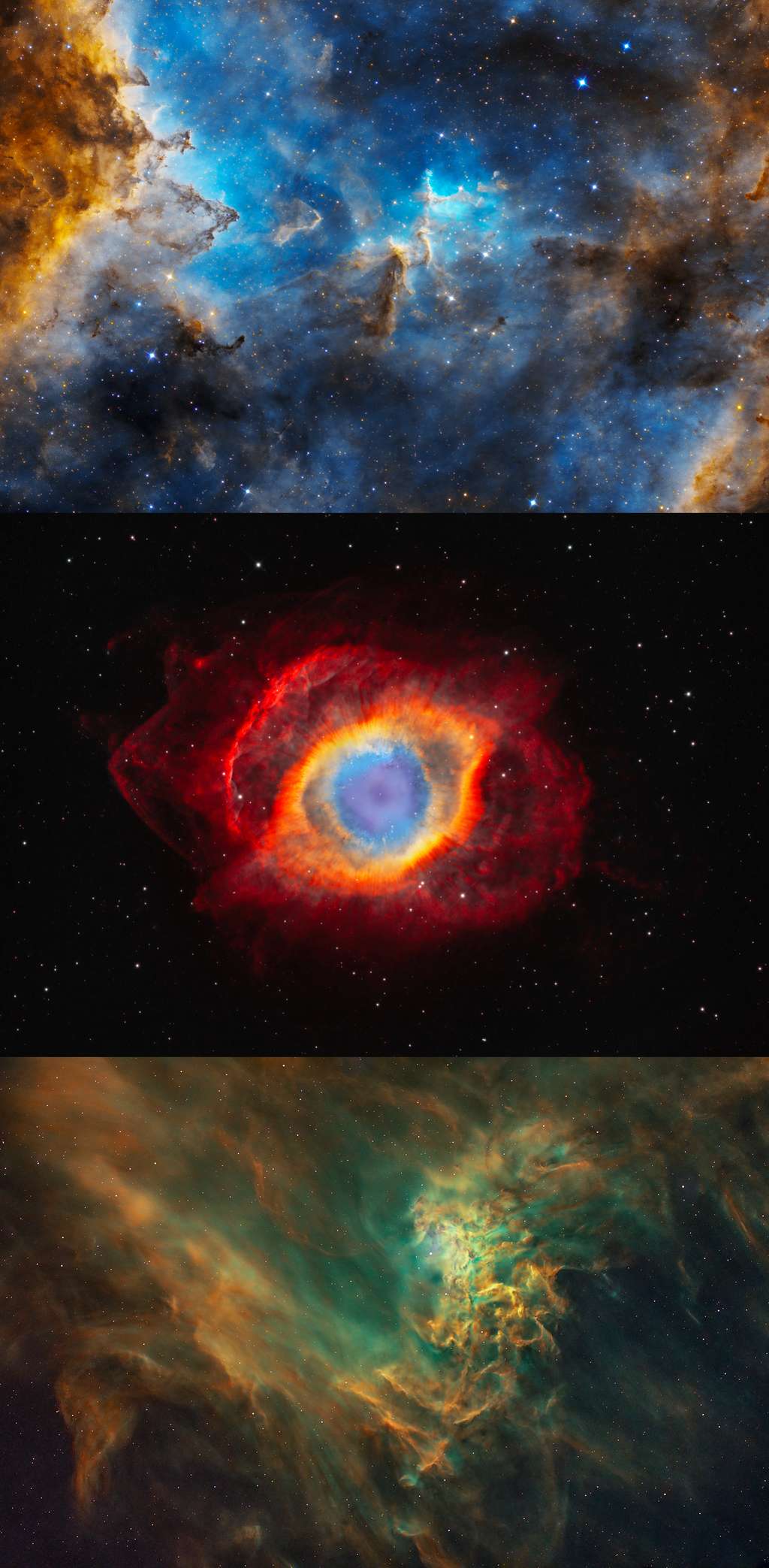 Ces trois images ont été primées dans la catégorie « étoiles et nébuleuses ». L’image du haut montre la nébuleuse du Cœur, (IC 1805) où l’on trouve de grandes quantités de gaz ionisé et de poussière interstellaire. Le vent stellaire des étoiles chaudes en formation souffle le matériau environnant vers l'extérieur, créant une forme creuse semblable à une grotte dans le nuage de gaz parent. © Péter Feltóti<br>L’image du milieu montre la nébuleuse de l'Hélice ou NGC 7293 et ses couleurs flamboyantes du noyau et des détails environnants rarement vus. © Weitang Liang<br>L’image du bas montre la nébuleuse de l'Étoile flamboyante (IC 405, SH 2-229 ou Caldwell 31), une nébuleuse d'émission et de réflexion située dans la constellation d'Auriga. Elle se trouve à environ 1.500 années-lumière de la Terre et mesure environ 5 années-lumière de diamètre. © Martin Cohen