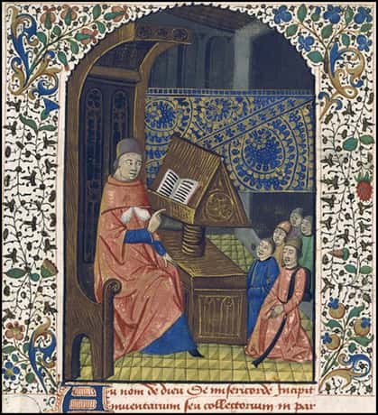 Maître et étudiants - Guy de Chauliac, auteur de <i>Chirurgia Magna </i>(la <em>Grande chirurgie),</em> 1363. © BnF, Fr. 396, fol. 1r.