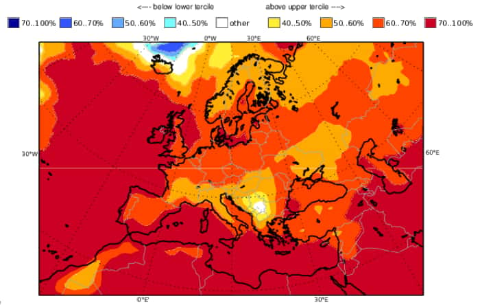 En jaune et orange, le pourcentage de risques de connaître des températures plus élevées que la moyenne en août. En rouge, le sud de l'Europe et le Maghreb présentent encore une très forte probabilité de vivre des chaleurs anormales, après la canicule de juillet. © Copernicus