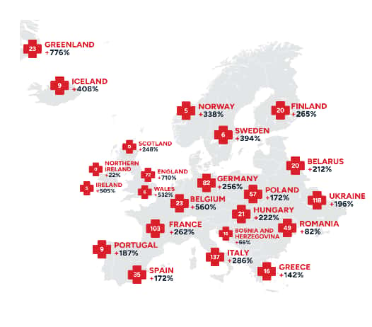 Les pays européens avec le plus grand nombre d'hôpitaux exposés aux catastrophes climatiques d'ici 2100. © XDI