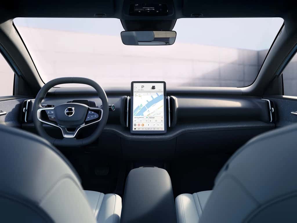 We vinden de Volvo -sfeer in de EX30 met een gigantische tablet geanimeerd door Google in het midden van het dashboard. © Volvo