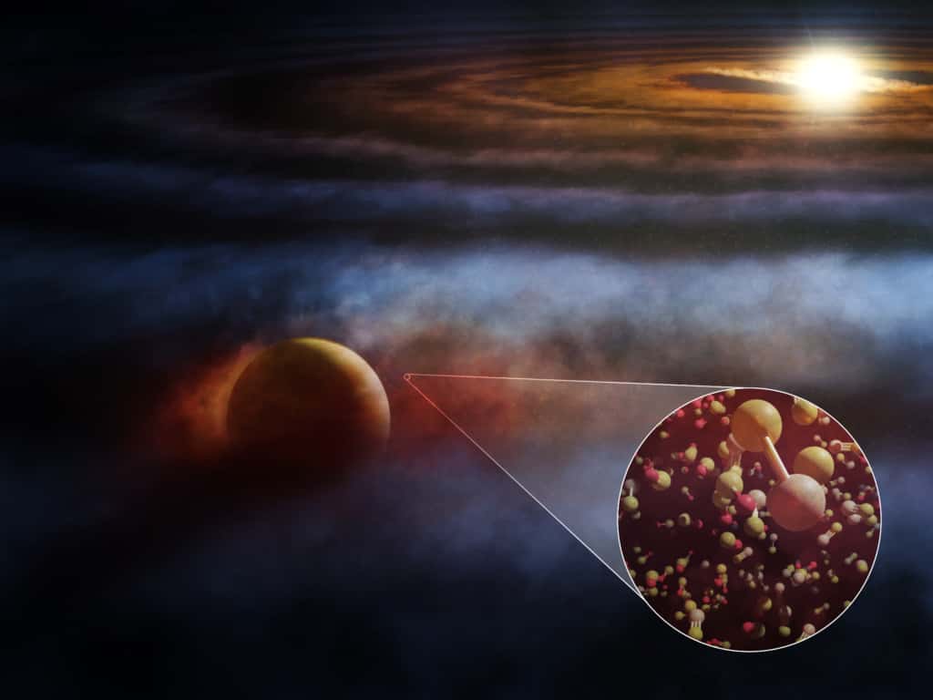 Située dans la constellation du Sagittaire, la jeune étoile HD 169142 héberge une protoplanète géante incrustée dans son disque protoplanétaire poussiéreux et riche en gaz. Cette image d'artiste montre la planète ressemblant à Jupiter interagissant avec et chauffant le gaz moléculaire à proximité, entraînant des écoulements observés dans plusieurs raies d'émission, y compris celles de molécules traçant les ondes de choc comme SO et SiS, et les <sup>12</sup>CO et <sup>13</sup>CO couramment observés. © Alma (ESO/NAOJ/NRAO), M. Weiss (NRAO/AUI/NSF)