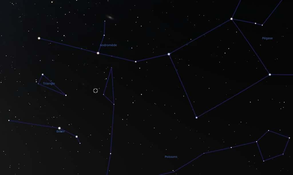 Carte des constellations voisines de HD8574. La position de l'étoile est signalée par un cercle, entre la partie nord des Poissons, le Triangle, et au sud d'Andromède. La galaxie, en haut de l'image, est la fameuse galaxie d'Andromède. © F. Mottez, Stellarium