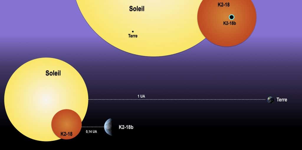 En haut de ce schéma, une comparaison entre les tailles du Soleil et de la Terre d'un côté avec celle de K2-18b et son étoile K2-18. En bas, les distances de ces astres sont mises en perspective, mais le rapport avec les tailles n'est pas respecté car une UA vaut environ 150 millions de kilomètres alors que la taille du Soleil est de l'ordre du million de kilomètres. Les planètes ne respectent pas non plus les échelles de taille par rapport à leurs étoiles hôtes. © 2017-2019 LAB